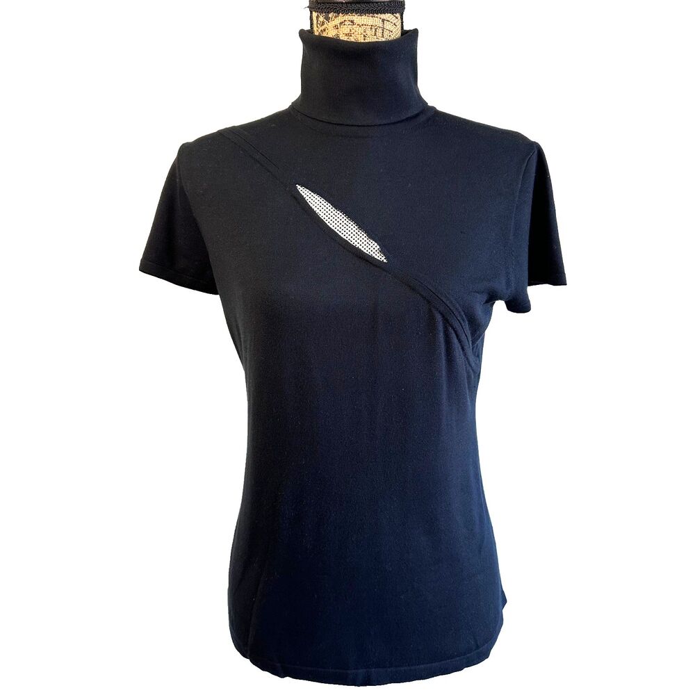Per Se Black Turtleneck Top Asymmetrical Silver Mesh Cutout Short Sleeve Sz M